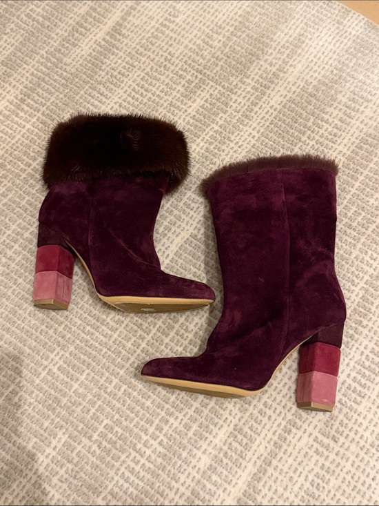 Salvatore Ferragamo Shoes - Salvatore Ferragamo Plum Suede Fur-Trim Block Heel Boots with Pink Accent